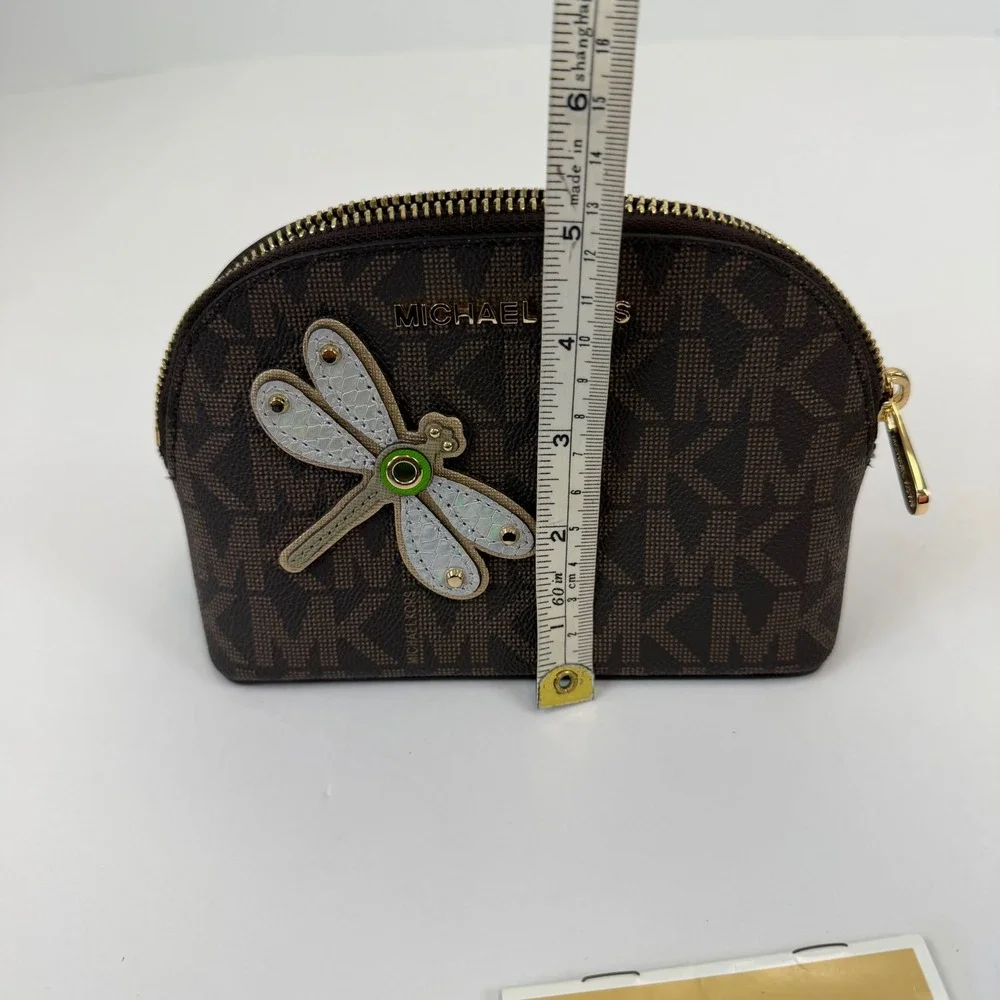 Michael Kors Brown Signature Logo Dragonfly Dome Cosmetic Pouch Bag Gold NEW